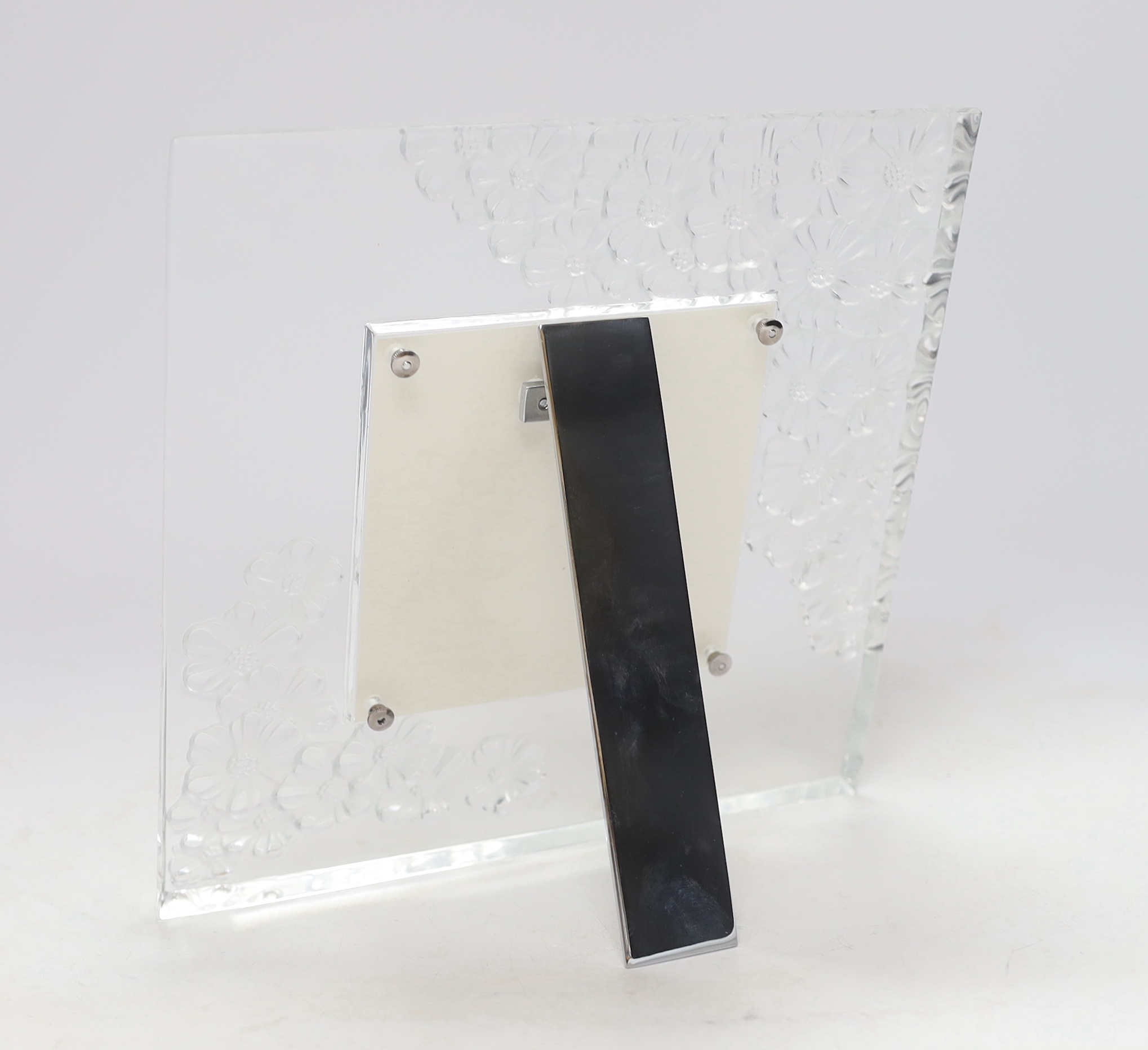 A Lalique easel floral photograph frame, signed, with box, 21cm high